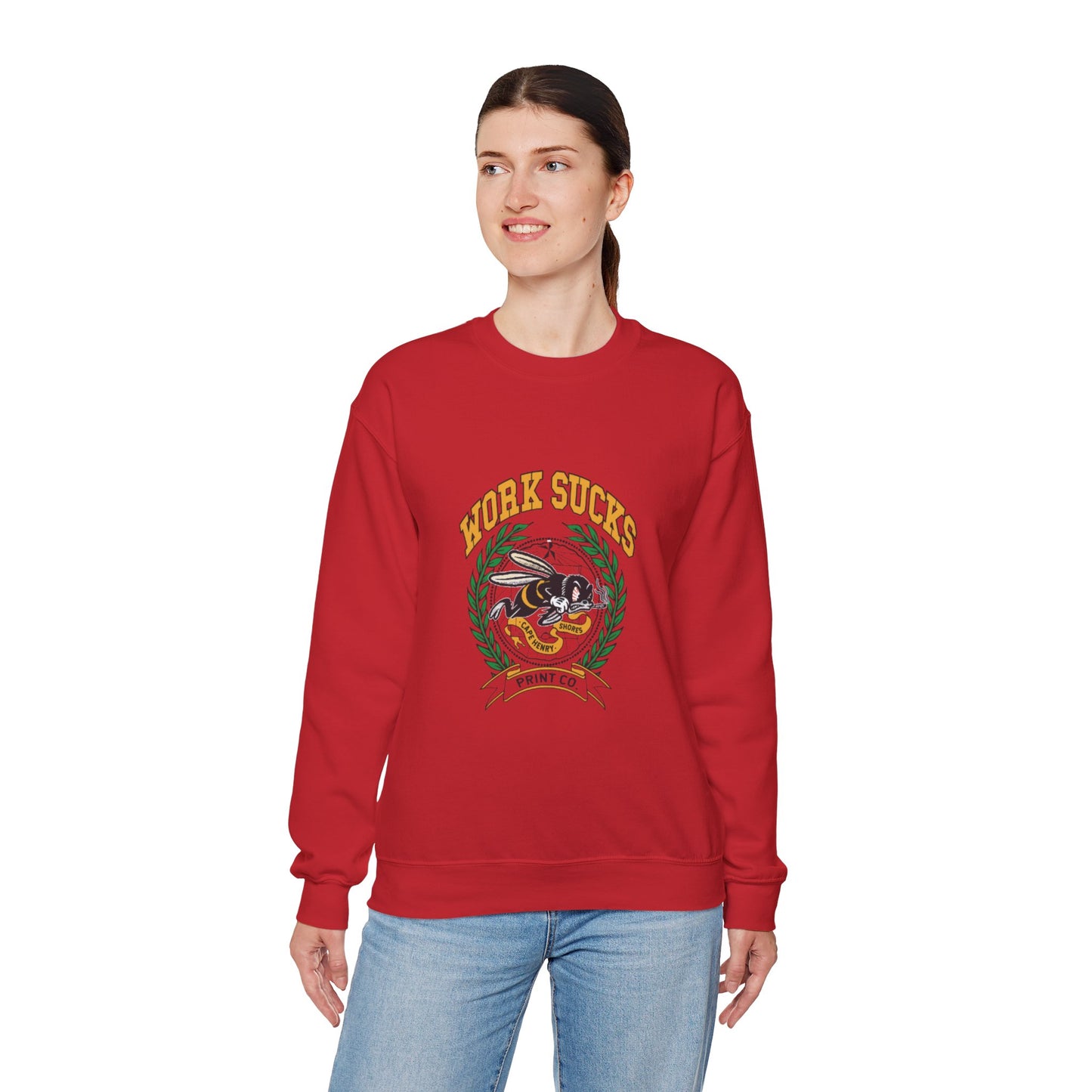 Crewneck Sweatshirt – "Work Sucks" Retro Bee Graphic Pullover