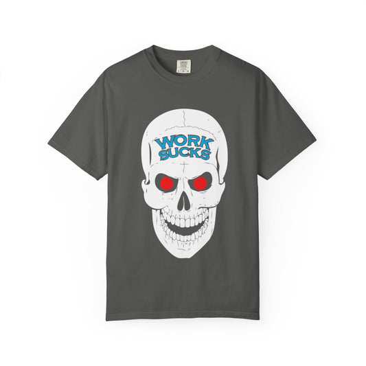 Work Sucks Skull T-Shirt — Graphic Skull Tee with 'Work Sucks' Text