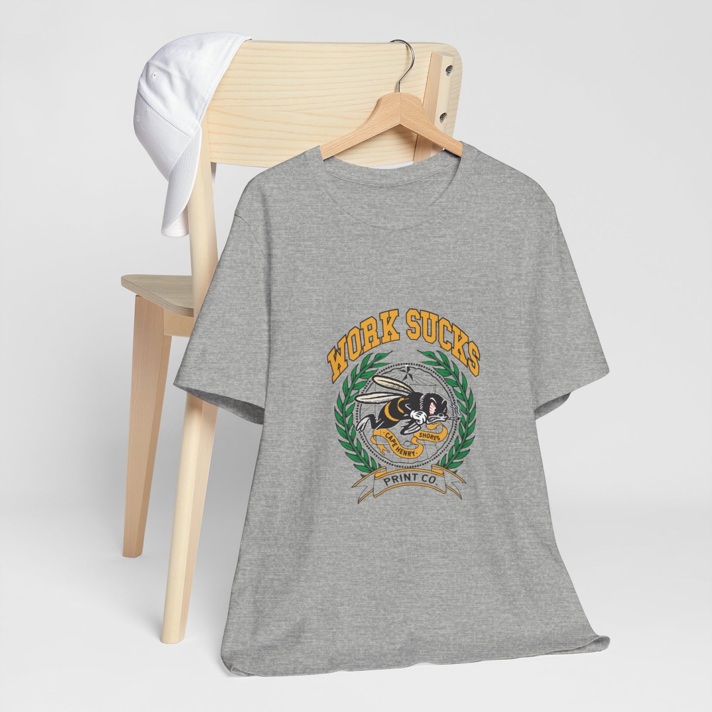 Work Sucks Tee — Vintage Bee Crest Graphic T‑Shirt