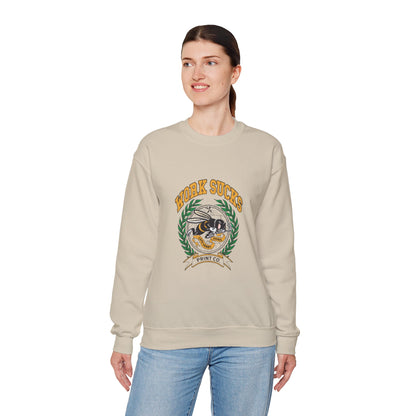 Crewneck Sweatshirt – "Work Sucks" Retro Bee Graphic Pullover