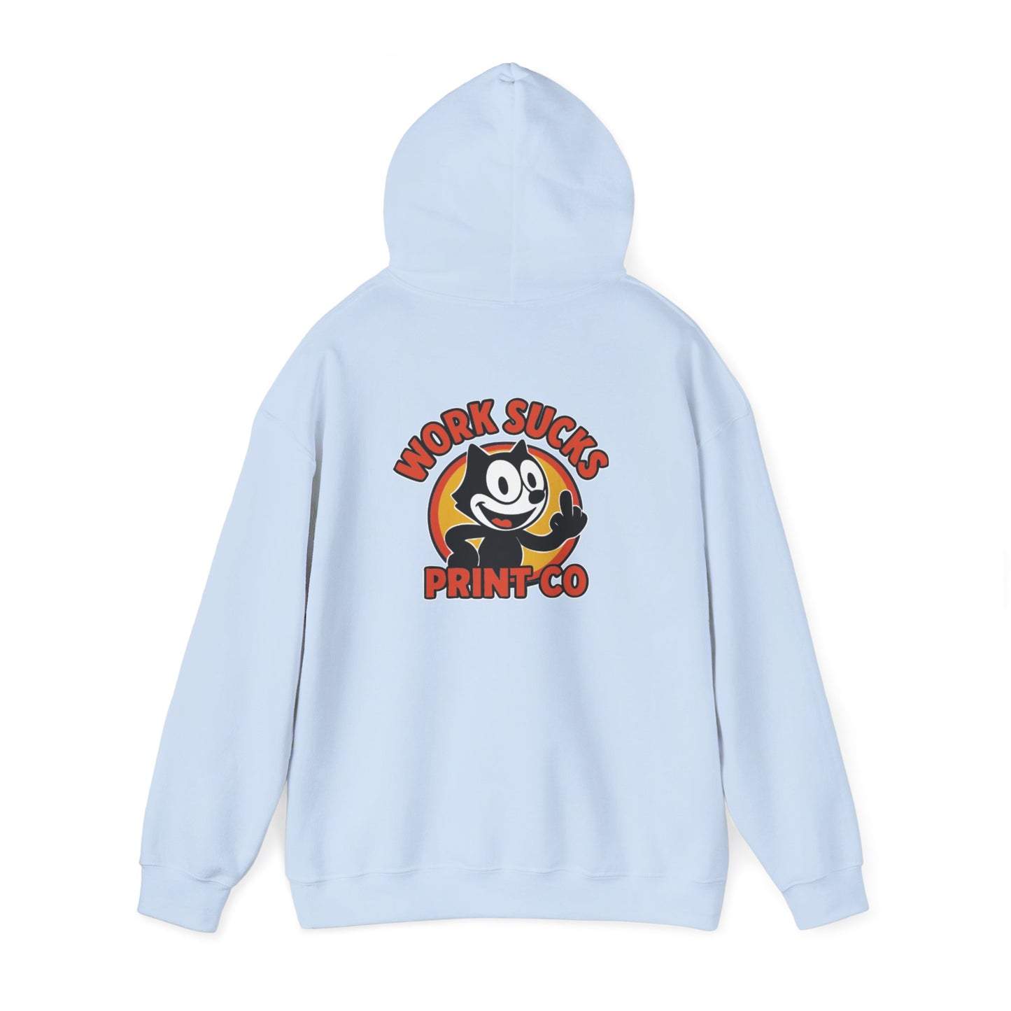 Work Sucks Print Co. Hoodie — Retro Felix-Style Graphic Hooded Sweatshirt