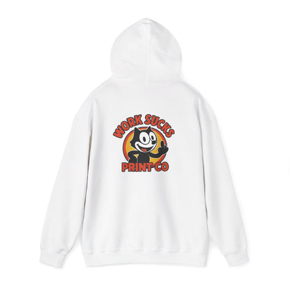 Work Sucks Print Co. Hoodie — Retro Felix-Style Graphic Hooded Sweatshirt