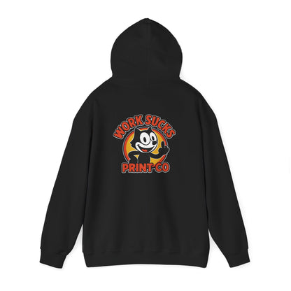 Work Sucks Print Co. Hoodie — Retro Felix-Style Graphic Hooded Sweatshirt