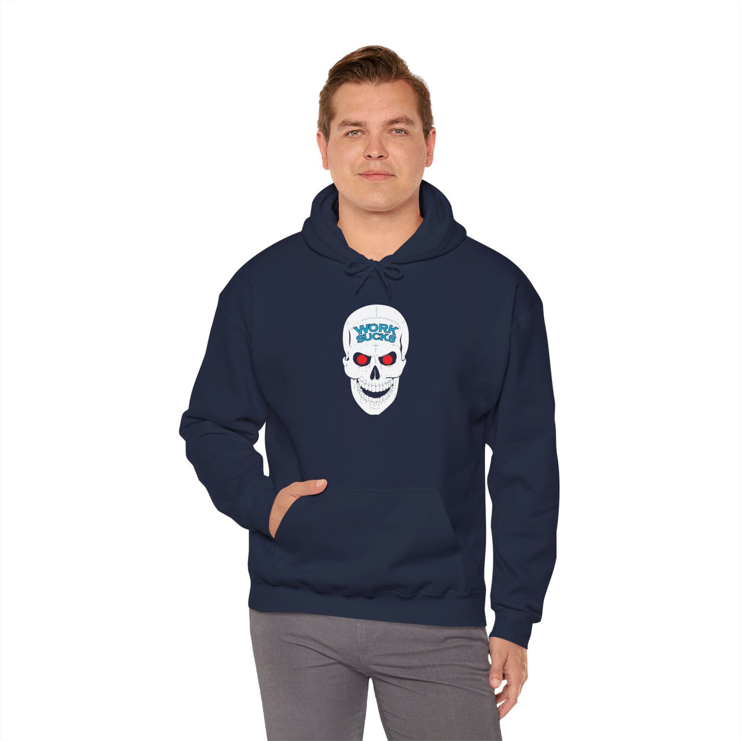 Skull 'Work Sucks' Hoodie – Graphic Skull with Red Eyes Casual Pullover
