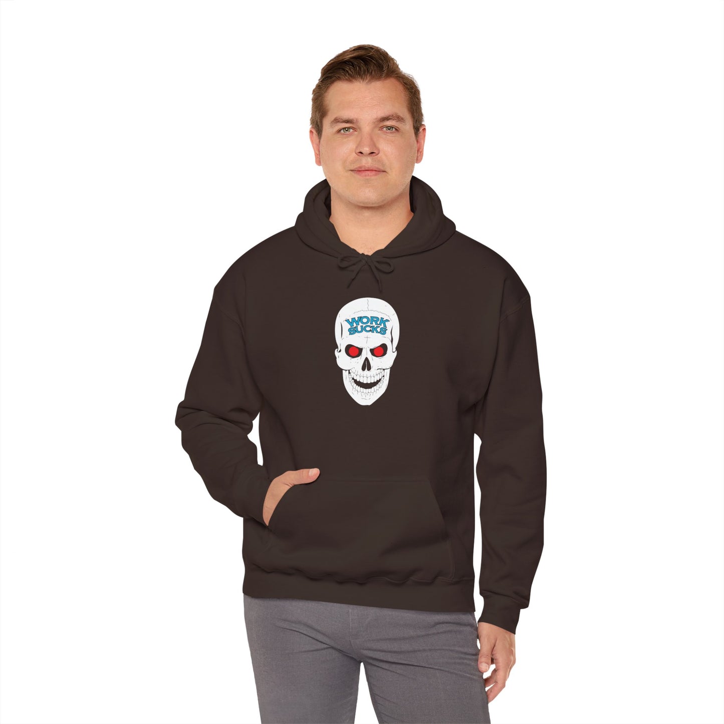Skull 'Work Sucks' Hoodie – Graphic Skull with Red Eyes Casual Pullover
