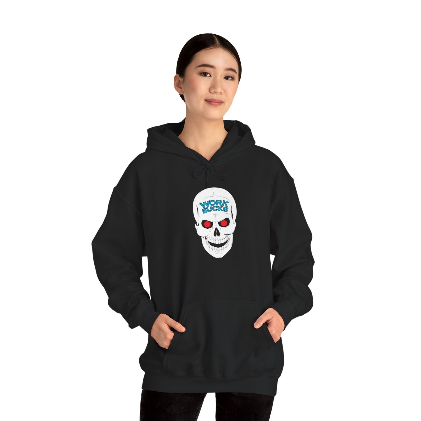 Skull 'Work Sucks' Hoodie – Graphic Skull with Red Eyes Casual Pullover