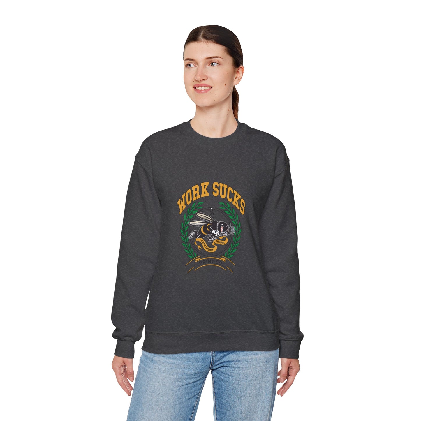 Crewneck Sweatshirt – "Work Sucks" Retro Bee Graphic Pullover