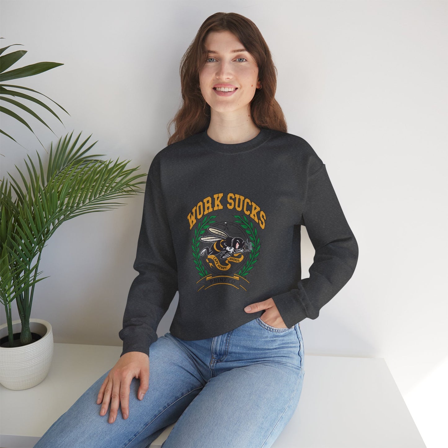 Crewneck Sweatshirt – "Work Sucks" Retro Bee Graphic Pullover