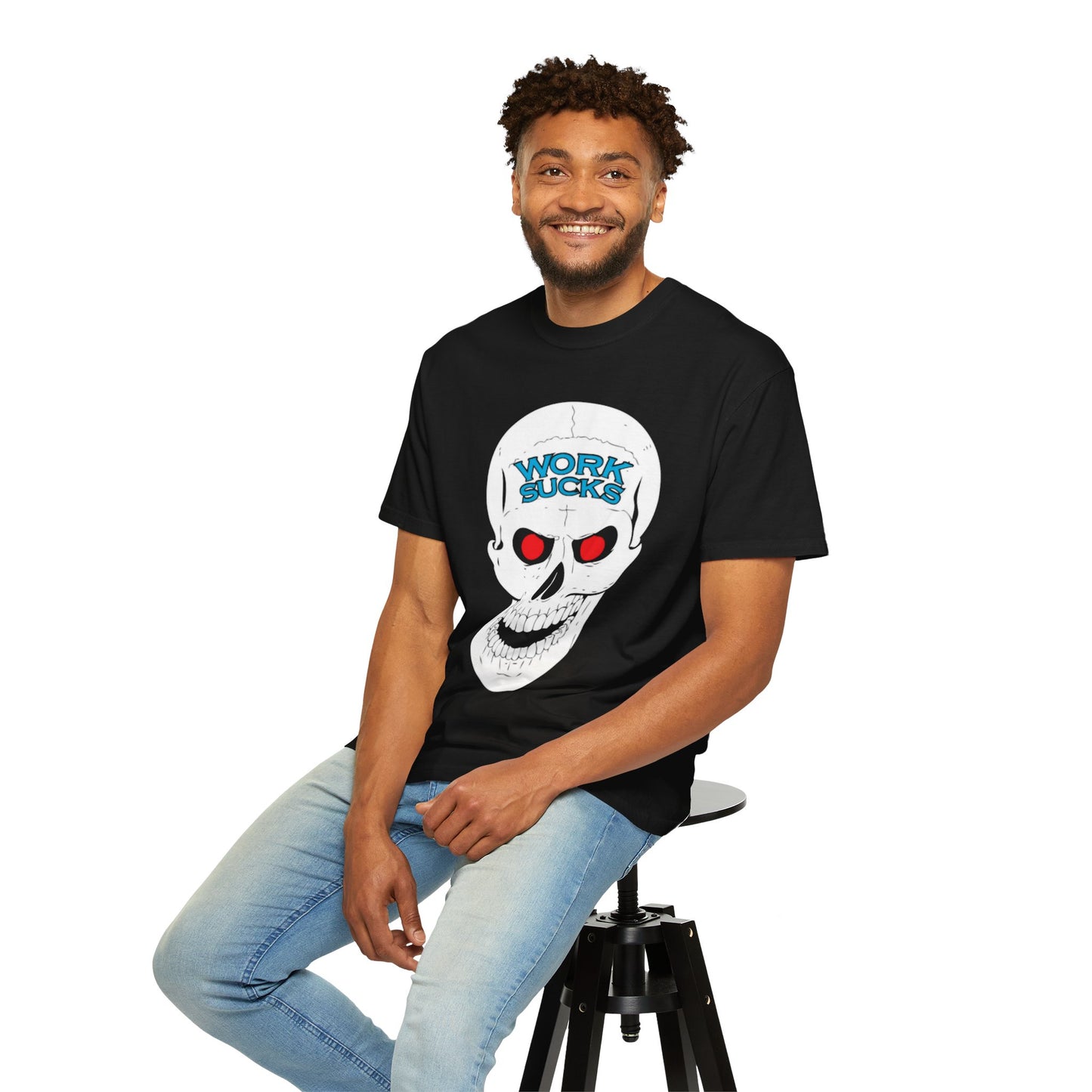 Work Sucks Skull T-Shirt — Graphic Skull Tee with 'Work Sucks' Text