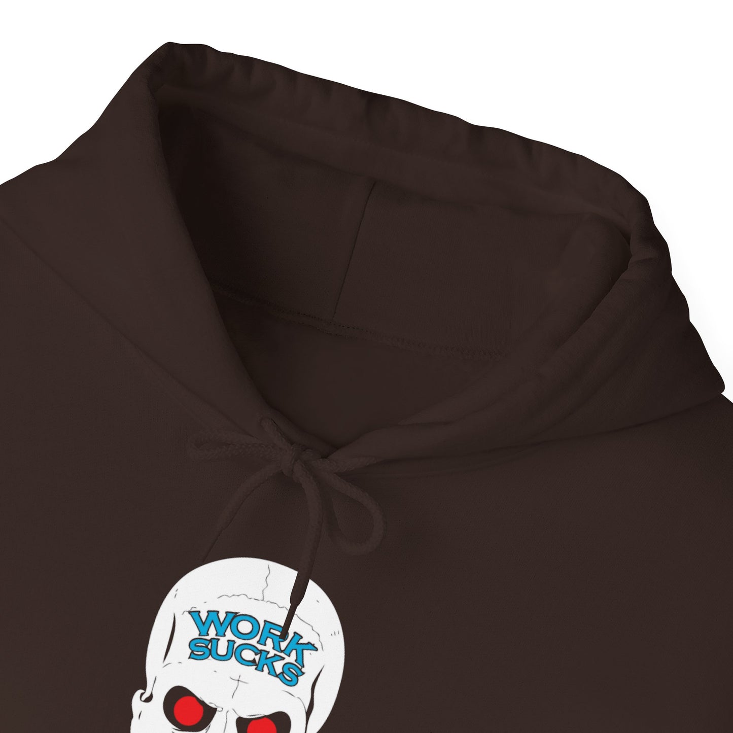 Skull 'Work Sucks' Hoodie – Graphic Skull with Red Eyes Casual Pullover