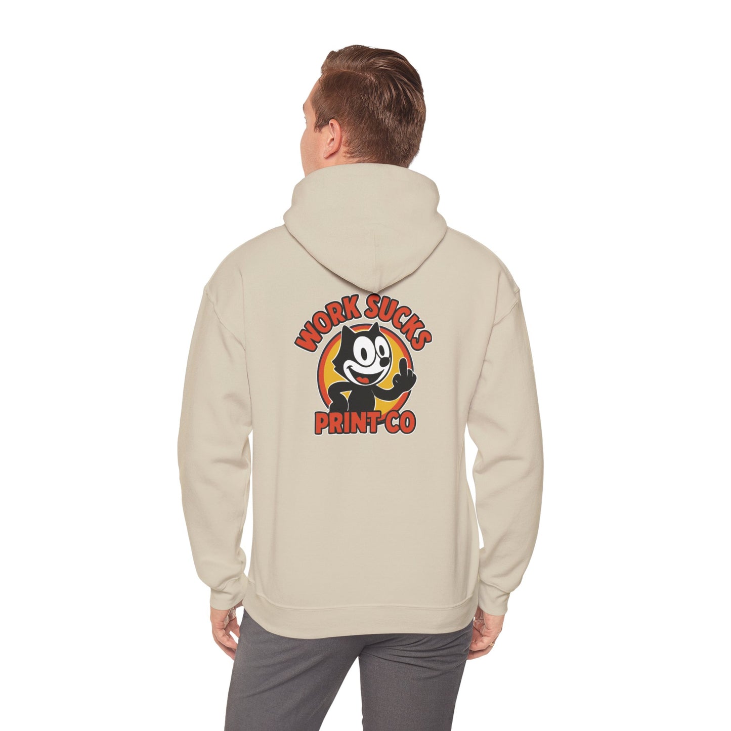 Work Sucks Print Co. Hoodie — Retro Felix-Style Graphic Hooded Sweatshirt