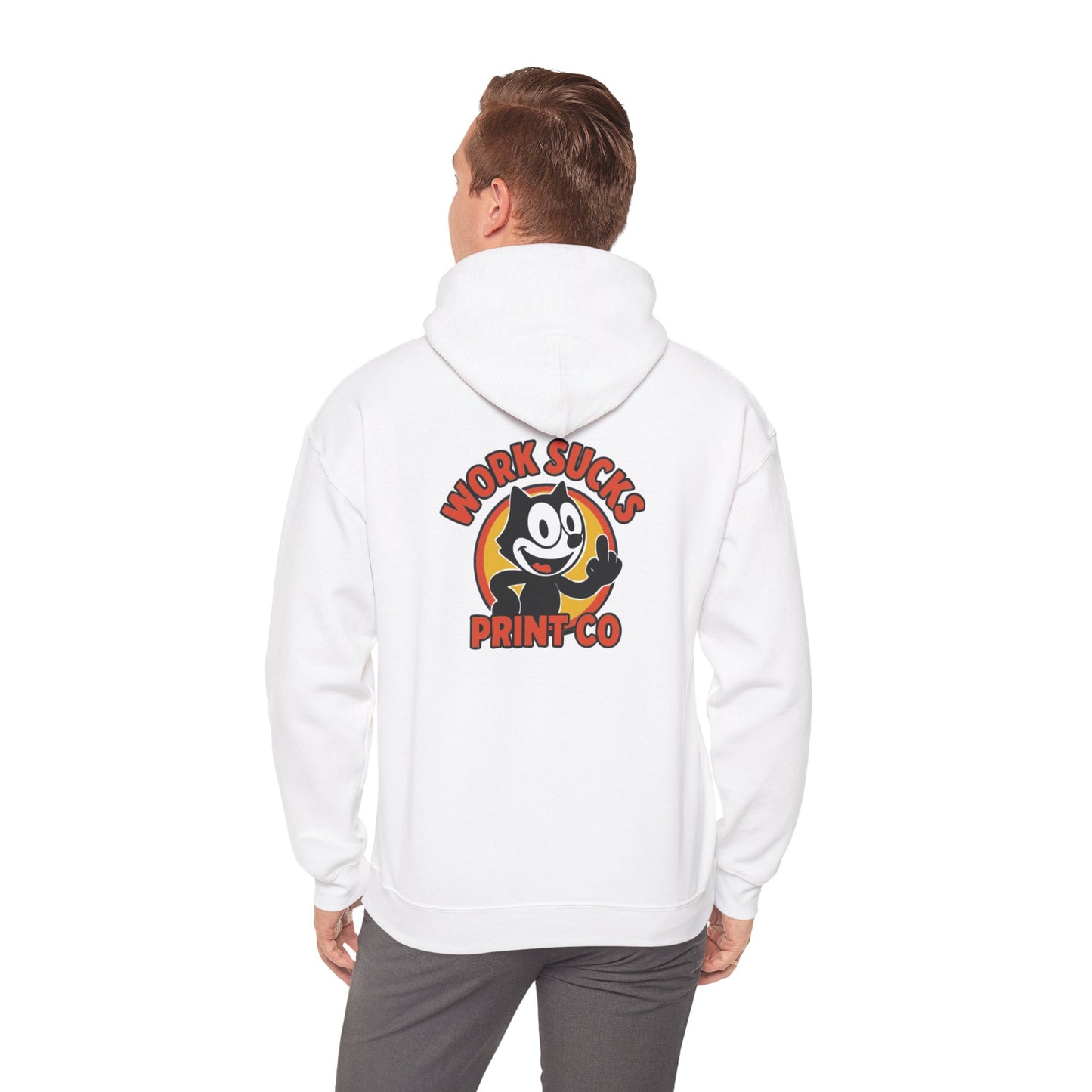 Work Sucks Print Co. Hoodie — Retro Felix-Style Graphic Hooded Sweatshirt