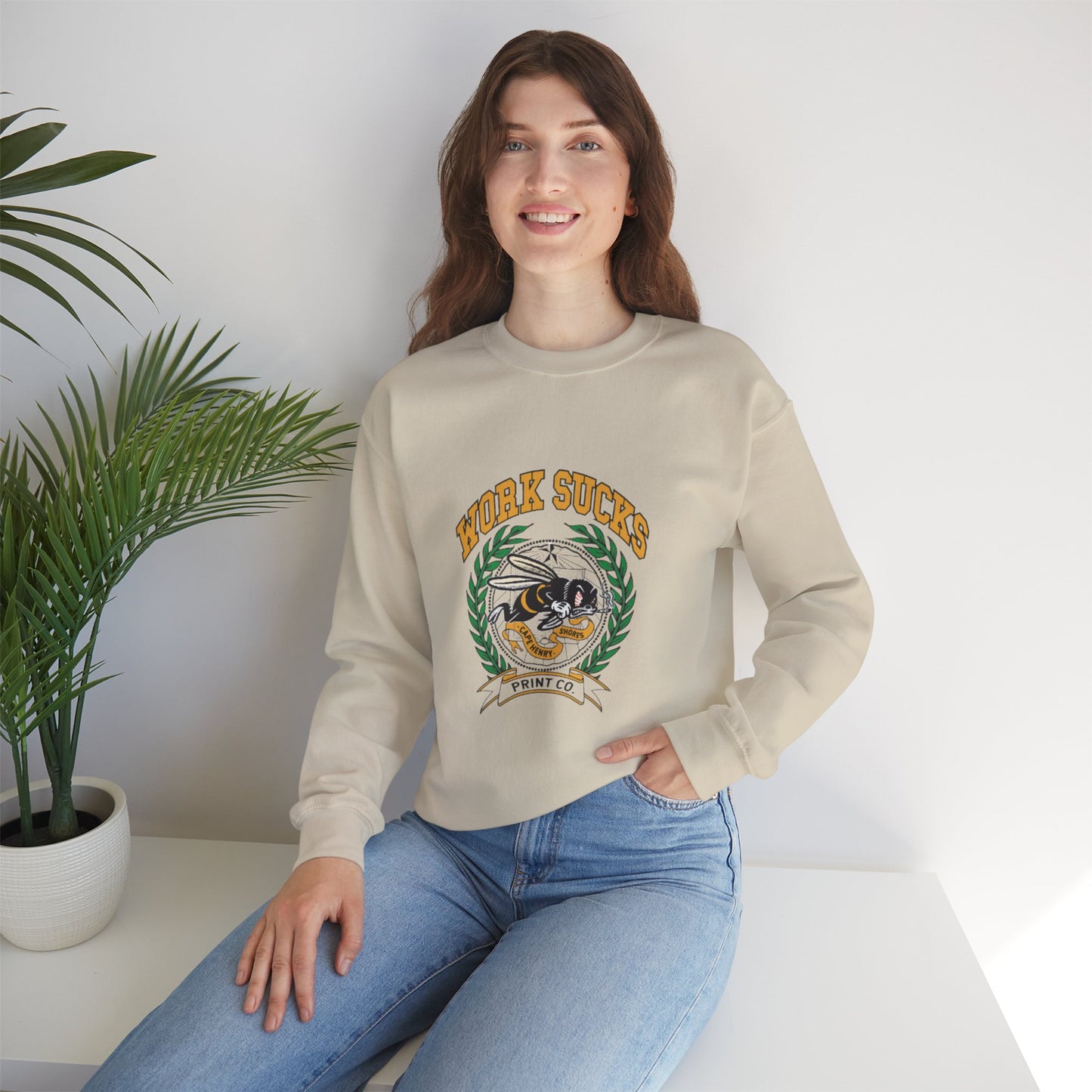 Crewneck Sweatshirt – "Work Sucks" Retro Bee Graphic Pullover