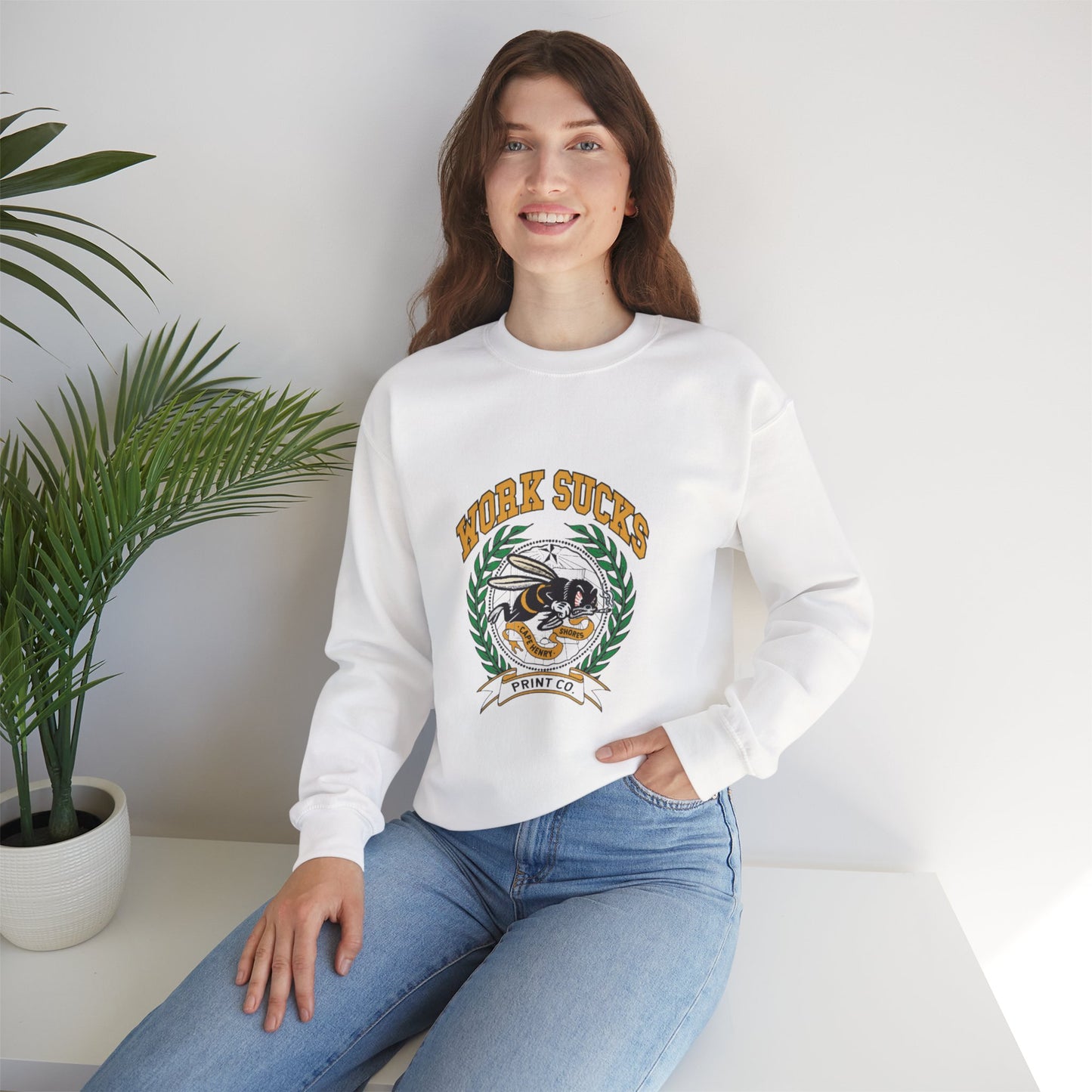 Crewneck Sweatshirt – "Work Sucks" Retro Bee Graphic Pullover
