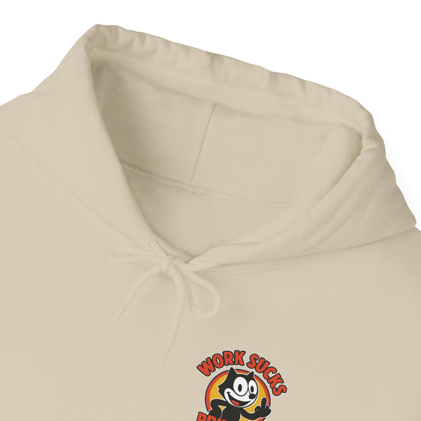 Work Sucks Print Co. Hoodie — Retro Felix-Style Graphic Hooded Sweatshirt