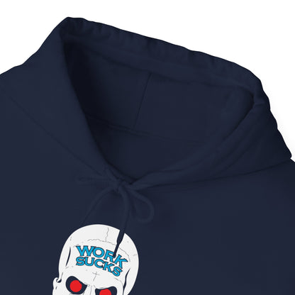 Skull 'Work Sucks' Hoodie – Graphic Skull with Red Eyes Casual Pullover