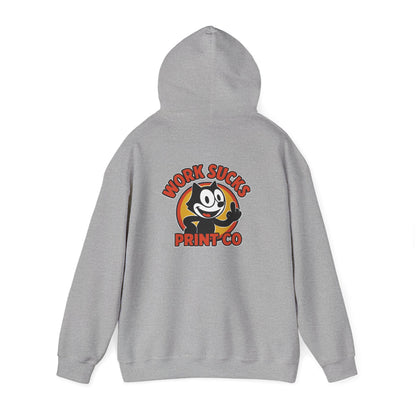 Work Sucks Print Co. Hoodie — Retro Felix-Style Graphic Hooded Sweatshirt