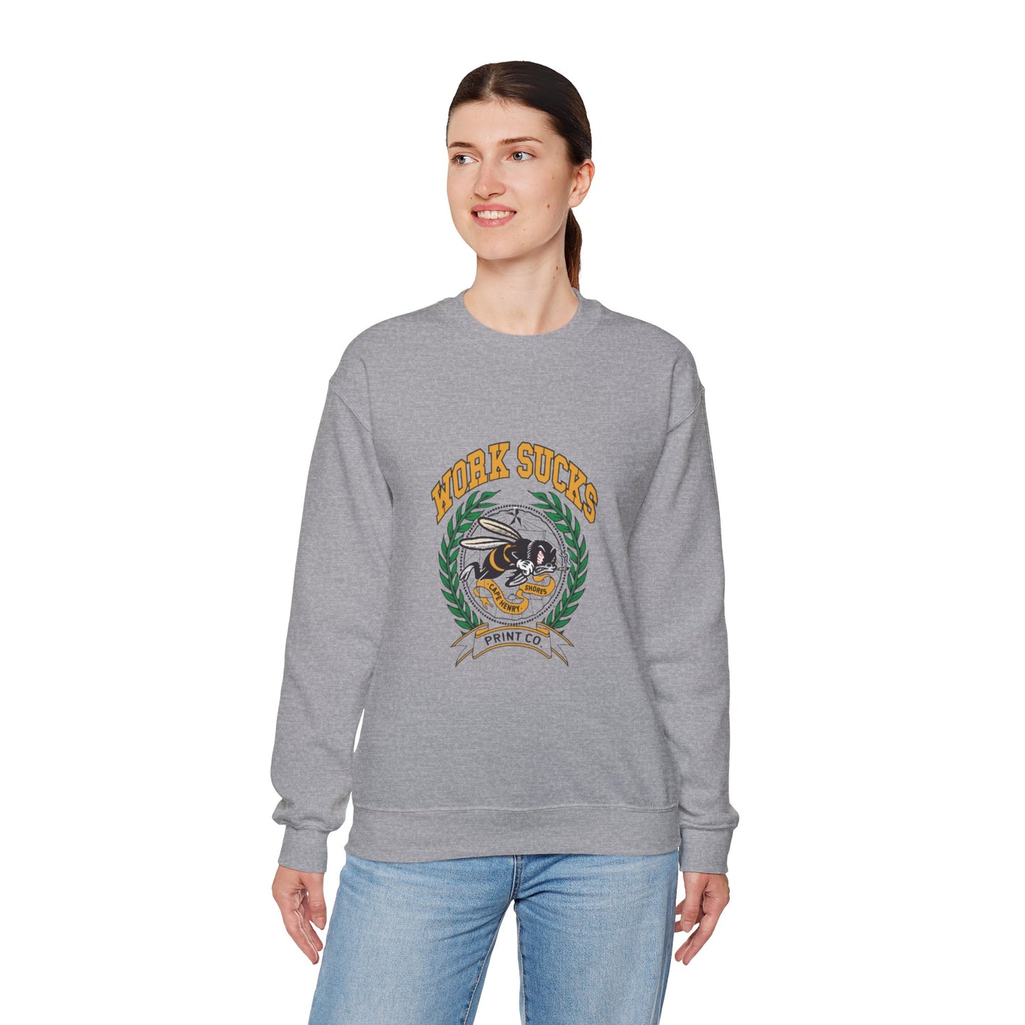 Crewneck Sweatshirt – "Work Sucks" Retro Bee Graphic Pullover
