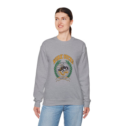 Crewneck Sweatshirt – "Work Sucks" Retro Bee Graphic Pullover