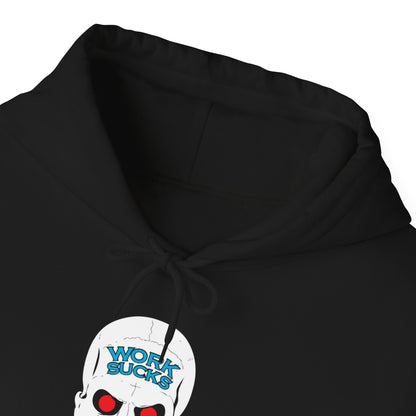 Skull 'Work Sucks' Hoodie – Graphic Skull with Red Eyes Casual Pullover