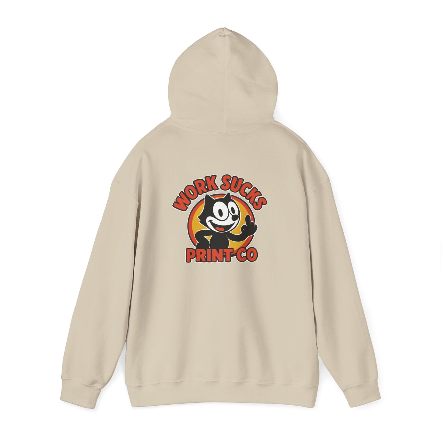 Work Sucks Print Co. Hoodie — Retro Felix-Style Graphic Hooded Sweatshirt