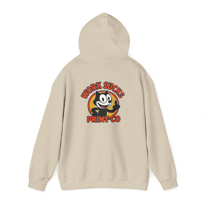 Work Sucks Print Co. Hoodie — Retro Felix-Style Graphic Hooded Sweatshirt