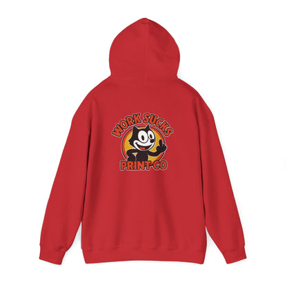 Work Sucks Print Co. Hoodie — Retro Felix-Style Graphic Hooded Sweatshirt