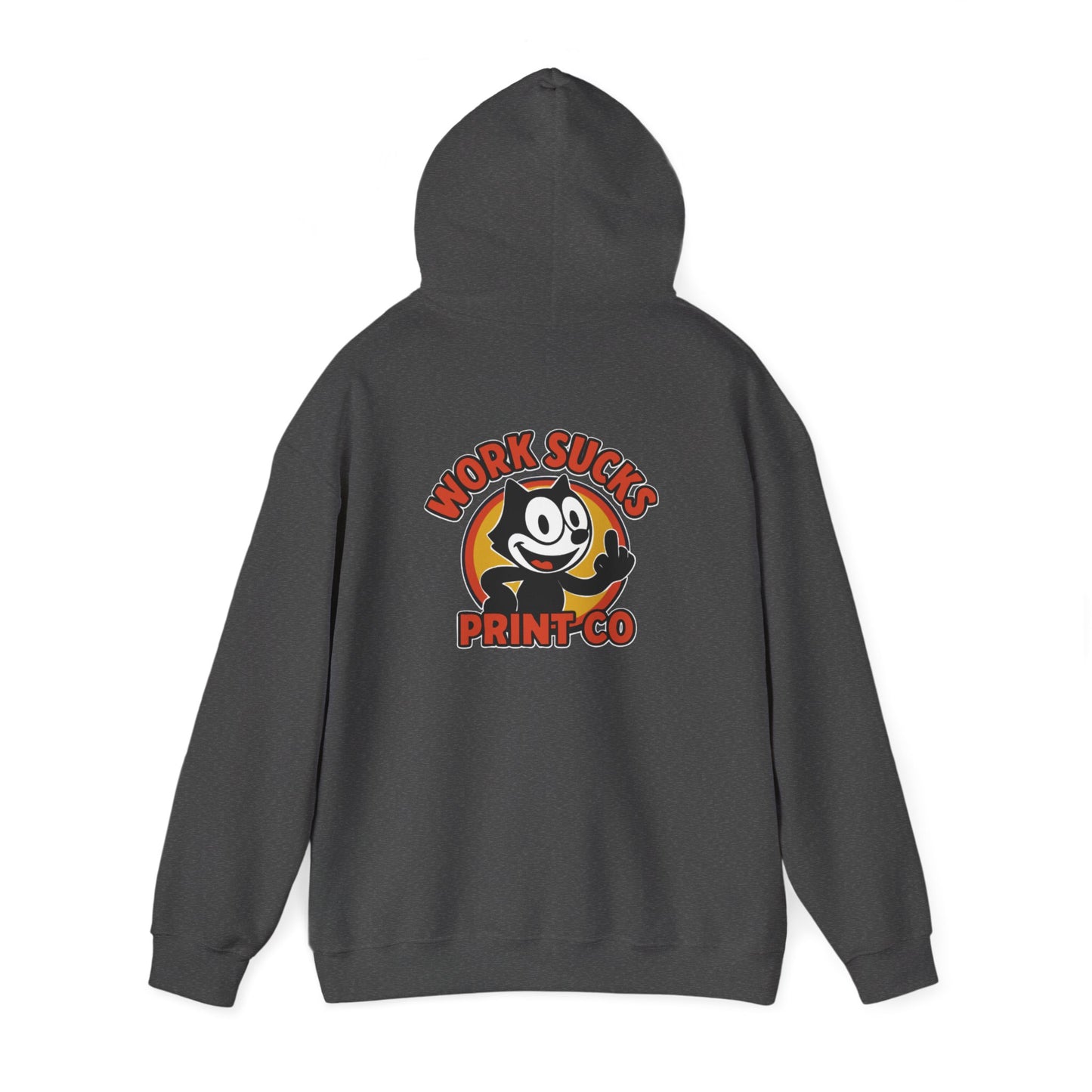 Work Sucks Print Co. Hoodie — Retro Felix-Style Graphic Hooded Sweatshirt