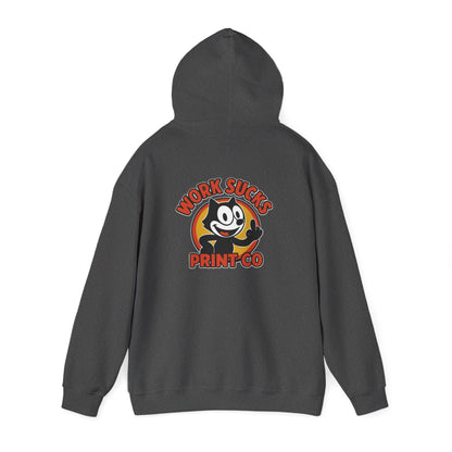 Work Sucks Print Co. Hoodie — Retro Felix-Style Graphic Hooded Sweatshirt