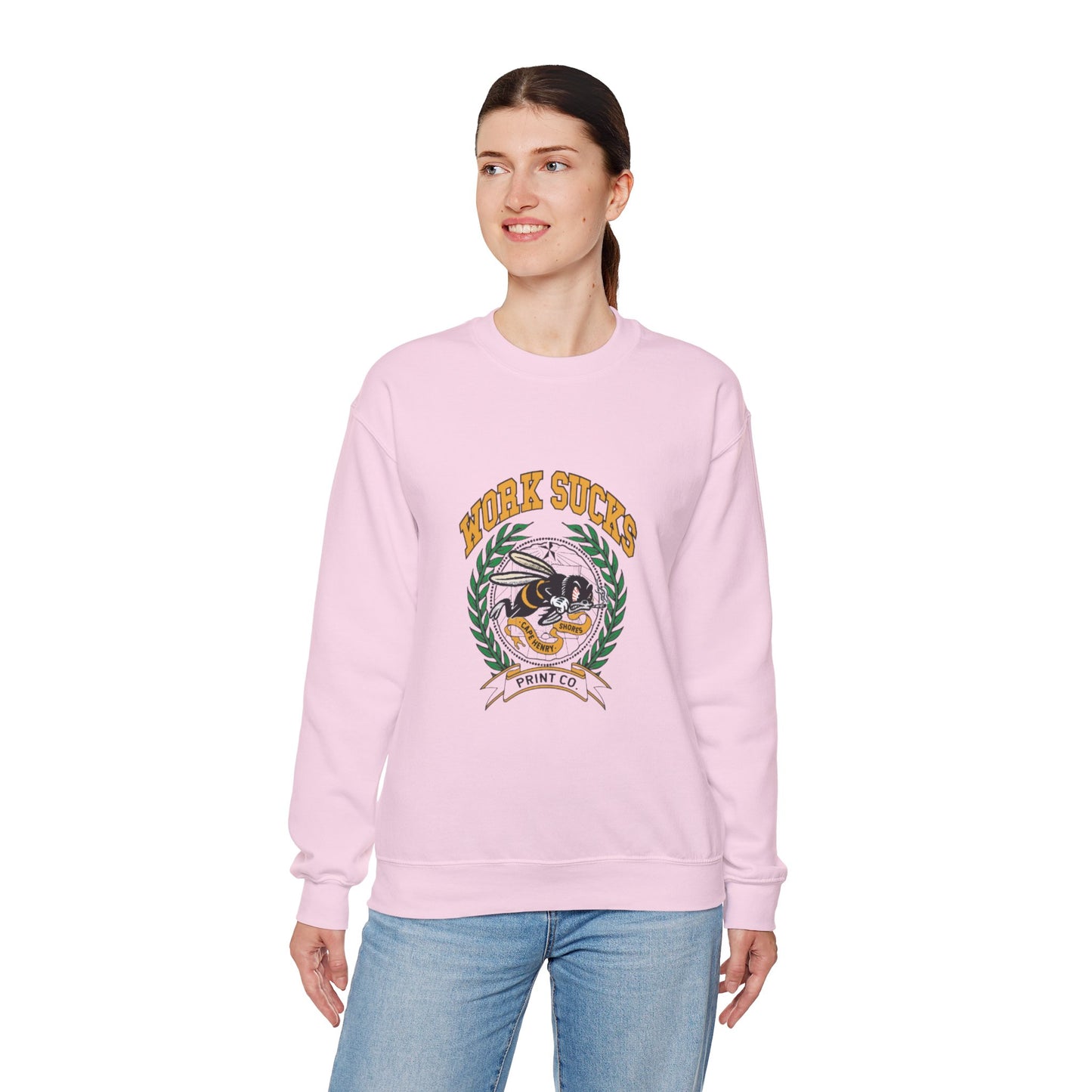 Crewneck Sweatshirt – "Work Sucks" Retro Bee Graphic Pullover