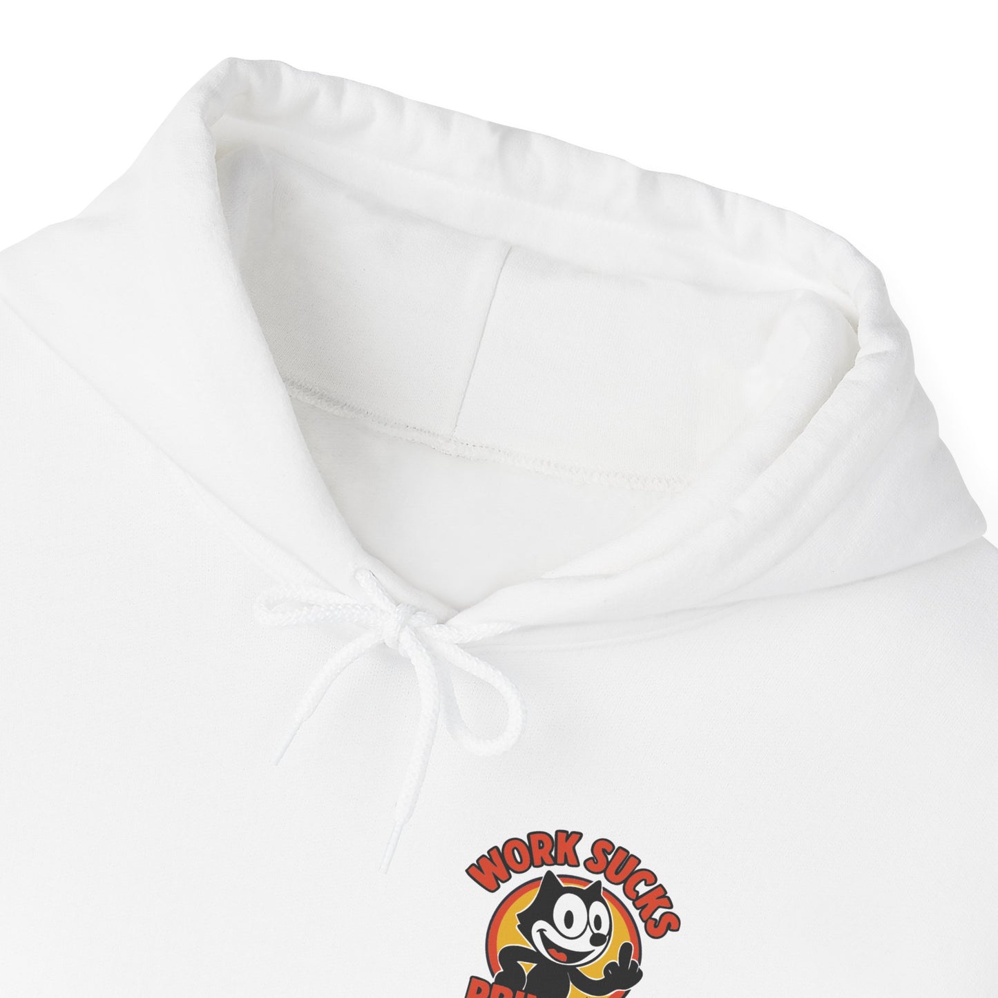 Work Sucks Print Co. Hoodie — Retro Felix-Style Graphic Hooded Sweatshirt