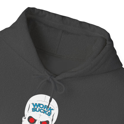 Skull 'Work Sucks' Hoodie – Graphic Skull with Red Eyes Casual Pullover