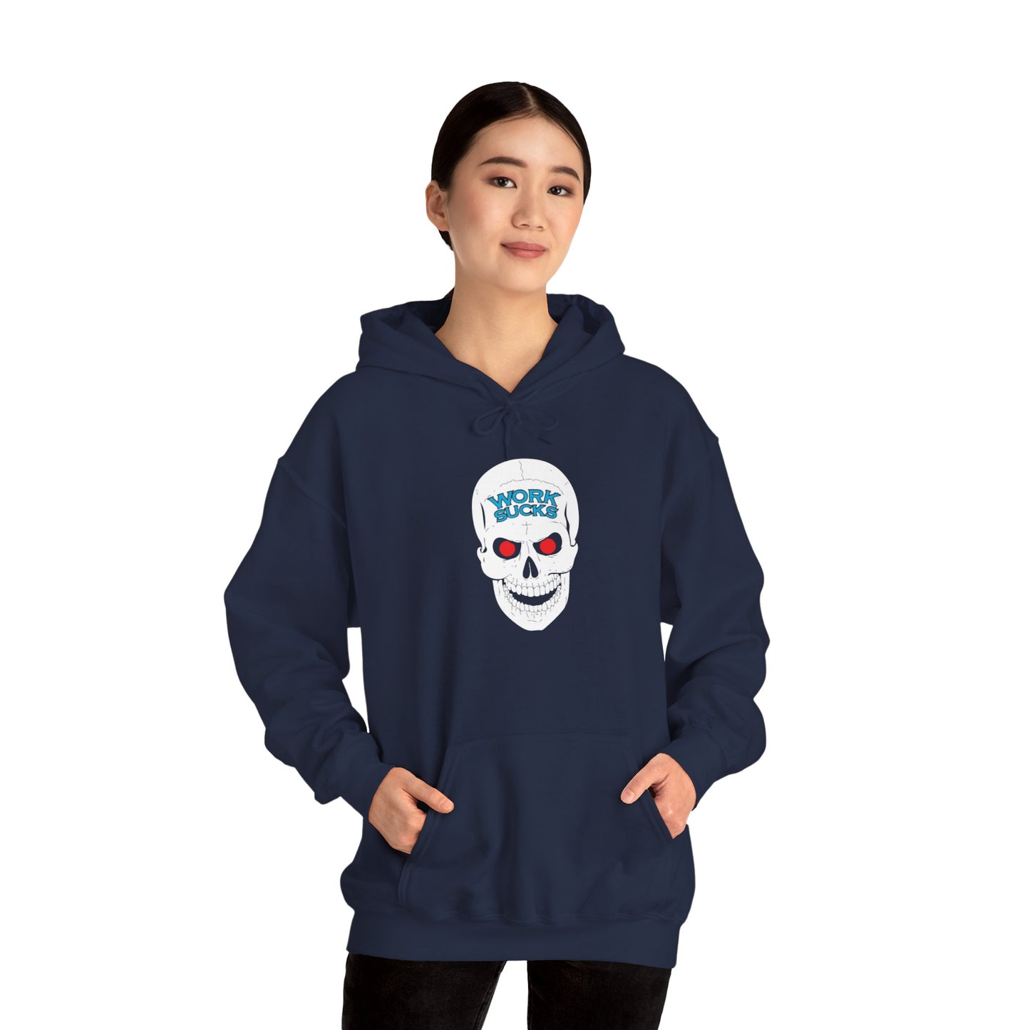 Skull 'Work Sucks' Hoodie – Graphic Skull with Red Eyes Casual Pullover