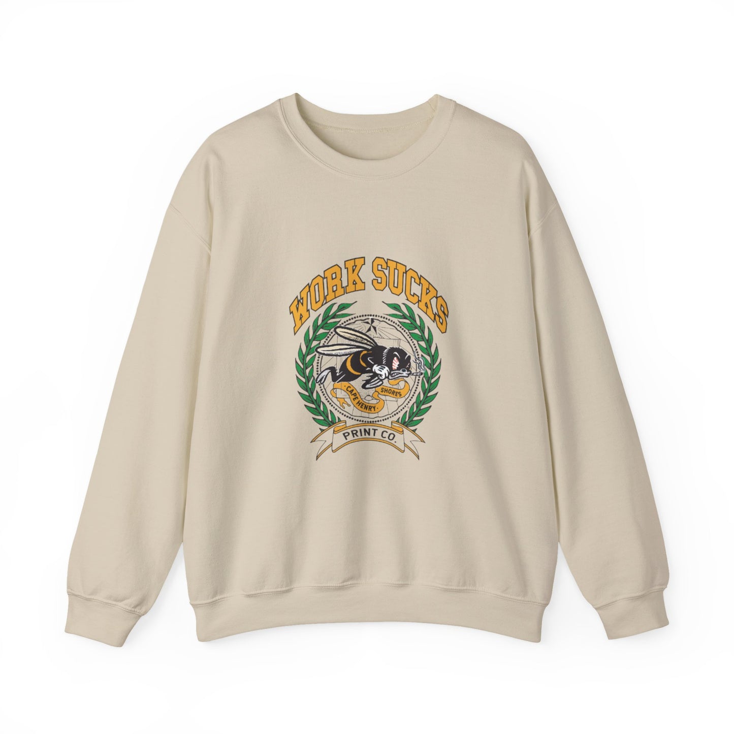 Crewneck Sweatshirt – "Work Sucks" Retro Bee Graphic Pullover