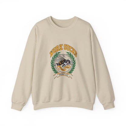 Crewneck Sweatshirt – "Work Sucks" Retro Bee Graphic Pullover