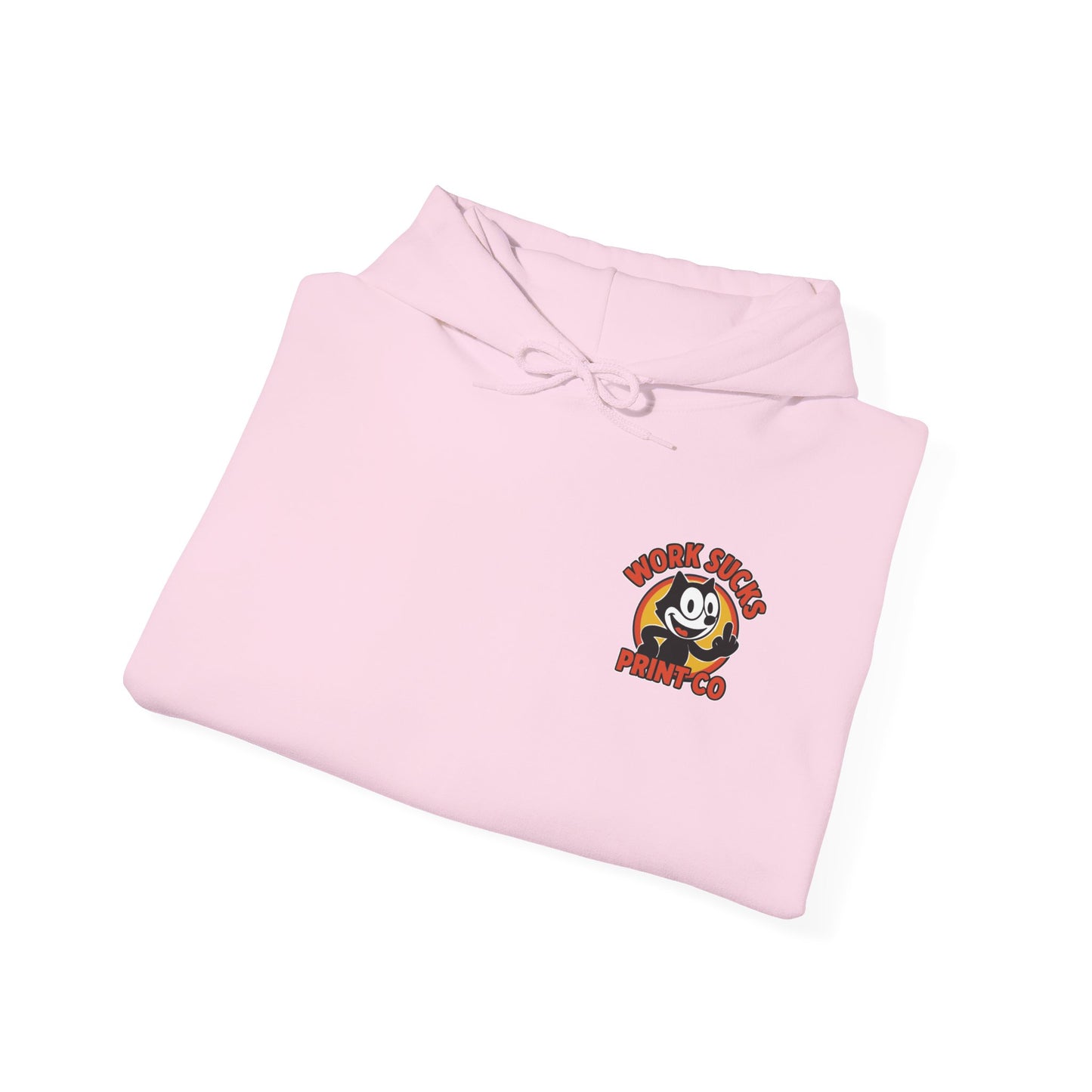 Work Sucks Print Co. Hoodie — Retro Felix-Style Graphic Hooded Sweatshirt