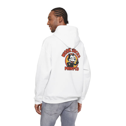 Work Sucks Print Co. Hoodie — Retro Felix-Style Graphic Hooded Sweatshirt